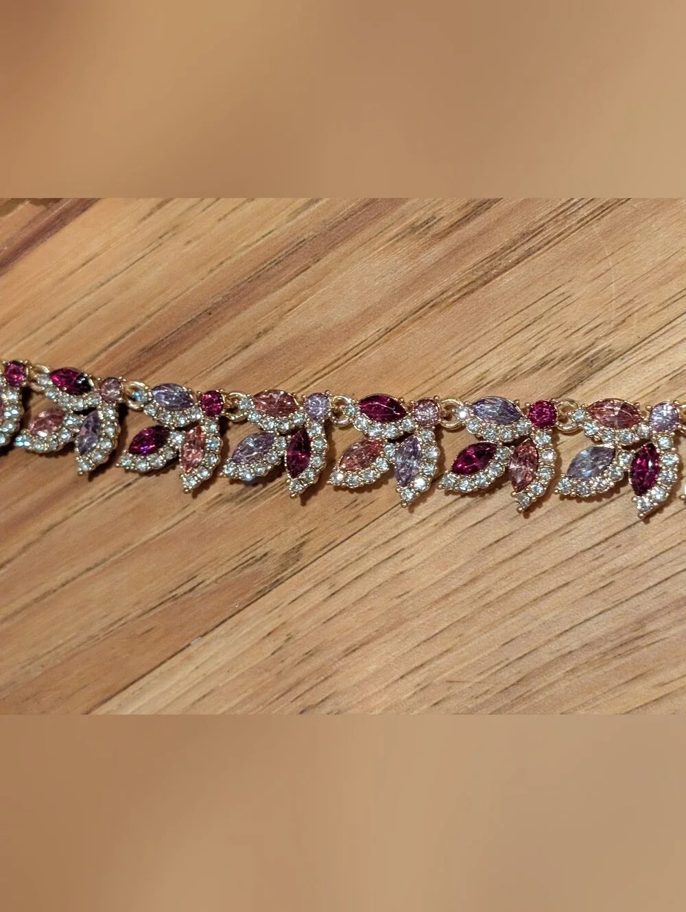 Gold-Tone Light And Deep Pink Crystal Leaf Necklace